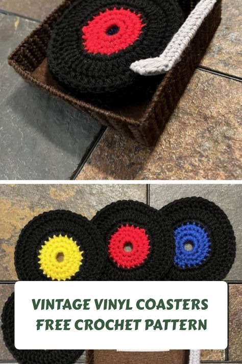 Bring a touch of creativity to your kitchen with these tiny themed crocheted coasters! Made in the shape of vinyl records, they bring a retro vibe to your decor and are sure to impress your family. Or you can go even further and make a unique coaster for each family member with the title of their favorite song. Either way, the project is quick, durable, and sure to be fun. Follow the free crochet pattern to get started. #CrochetProjects Crochet Projects For Around The House, Crochet Vinyl Record Coaster, Record Coasters Crochet, Crochet Record Coasters, Car Coaster Crochet Pattern Free, Car Coasters Crochet, Crochet Car Coasters Free Pattern, Crochet Record, Crochet Coaster Pattern Free