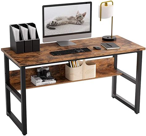 Desk Wood And Metal, Industrial Computer Desk, Bookshelf Office, Small Computer Desk, Open Bookshelves, Desk Writing, Wood Writing Desk, Desk Wood, Table For Small Space