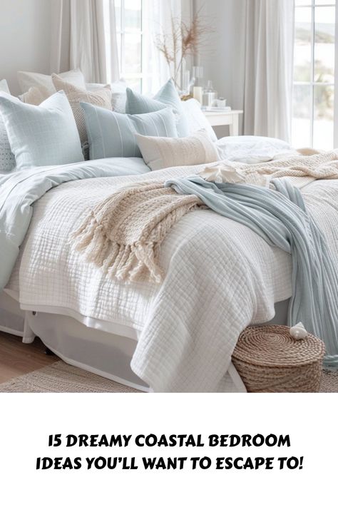 Turn your bedroom into a coastal paradise! 🌊 Discover 15 dreamy ideas that bring beachy vibes, soothing colors, and ocean-inspired decor to create the ultimate escape. #CoastalBedroom #HomeDecor #BeachyVibes Costal Room Inspiration, Coastal Bedding Ideas, Beach House Bedroom Ideas, Blue Coastal Bedroom, Beachy Bedding, Tan Bedding, Ocean Bedding, Coastal Bedroom Ideas, 15 Aesthetic