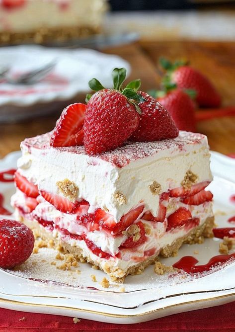 Indulge in layers of creamy bliss with this No-Bake Strawberry Cheesecake Lasagna! Perfect for summer, easy to make, and no oven required. 🍓🧀 

Tags: #NoBakeDessert #StrawberryCheesecake #EasyRecipes #SummerTreats #LayeredDessert Cherry Cheesecake Lasagna, Creamy Strawberry Cheesecake, Layered Strawberry Cheesecake, No Bake Dessert Lasagna, No Bake Strawberry Cheesecake Lasagna, No Bake Layered Desserts, Strawberry Cheesecake Recipe No Bake, Strawberry Lasagna Desserts, No Bake Strawberry Desserts