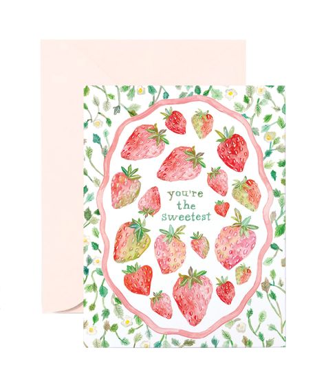 strawberry greeting card Strawberry Greeting Card, Sorority Letters Painted Ideas, Sorority Letters Painted, Hand Painted Cards, Berry Patch, Greeting Card Inspiration, Watercolor Birthday Cards, Drawing Ideas List, Pink Envelope