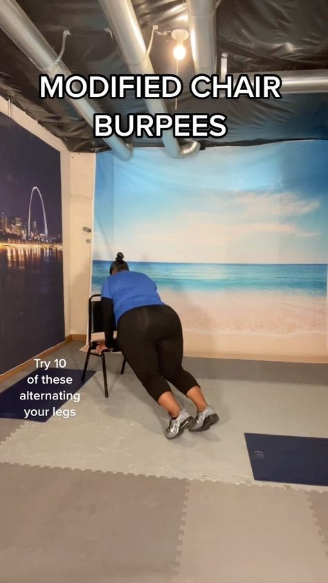 thick.chick.fitness on Instagram: Modified Chair Burpees #thickchickfitness #modifiedexercises #modifiedburpees #fitnessmotivation4plussizewomen #chairworkout Chair Burpees, Burpee Workout, Chair Exercises, Burpees, On Instagram, Instagram