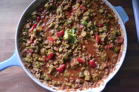 Ground Beef, Okra, and Tomatillo Curry – BIG EATS tiny kitchen Beef Stew Canning Recipe, Stewed Okra, Fresh Veggie Recipes, Making Smores, Recipe Ground Beef, Tomato Beef, Okra Stew, Okra And Tomatoes, Recipes Using Ground Beef