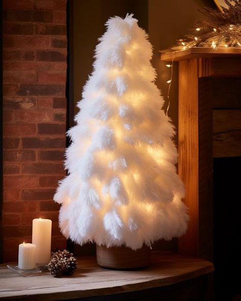 Feather Duster Christmas Tree, Dollar Tree Duster Christmas Tree, Dollar Tree White Christmas Tree Ideas, Christmas Duster, Angel Tree Ideas, Christmas Tree Feathers, Dollar Tree Crafts Diy, Feather Christmas Tree, Christmas Meals