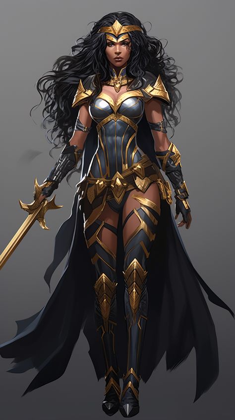 Goddess Suit Design, Black Female Marvel Characters, Wonder Woman Armor Design, Black Superhero Costume, Black Wonder Woman Art, Gold Superhero Suit Female, Black Warrior Woman, Cleopatra Facts, Black Female Warrior