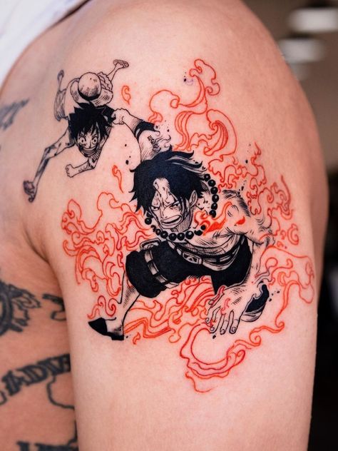 One Piece Tattoo Design, Ace Tattoo One Piece, South Korean Tattoo, Portgas D Ace One Piece, One Piece Tattoo, Korean Tattoo, Ace Tattoo, Korean Tattoo Artist, Ace One Piece