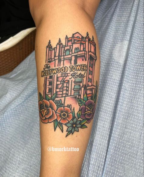 Disney Park Tattoo, Classic Disney Tattoos, Tower Of Terror Tattoo, Disneyworld Tattoos, Disney Traditional Tattoo, Traditional Disney Tattoo, Disney World Tattoo, Disneyland Tattoo, Philadelphia Fashion