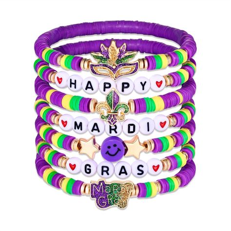 PRICES MAY VARY. ★ Mardi Gras Bracelets Set -- For beach jewelry, we love a mix color of effortless layering bracelets. Bold and vibrant, the Bohemia bracelets are consist of 6mm colorful African vinyl disc beads and gold-tone metal sequins on elastic bands. One package including 9 strands of heishi bead bracelet, playful, colorful and stretch, can easily go with everything this summer ★ Fabulous Carnival Bracelets -- Look chic and feel elegant with this stretch bracelet set. Whether you’re soak Mardi Gras Bracelet, Mardi Gras Jewelry, Summer Beach Jewelry, Mardi Gras Crafts, Mardi Gras Beads, Christmas Bracelet, Clay Bracelet, Diy Bracelets Patterns, Summer Bracelets