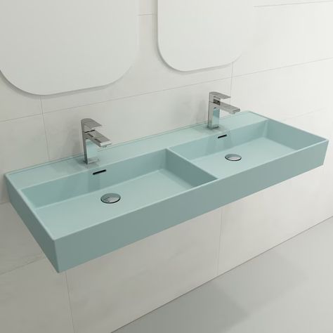 BOCCHI Matte Ice Blue Fire Clay Wall-mount Rectangular Modern Bathroom Sink (47.75-in x 18.25-in) in the Bathroom Sinks department at Lowes.com Bathroom Sink Double, Modern Bathroom Sink, Wall Mounted Sink, Metal Console, Double Basin, Fire Clay, Wall Mounted Bathroom Sink, Clay Wall, Single Hole Faucet