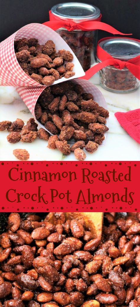 Cinnamon roasted crock pot almonds are such a wonderful gift or snack. Perfect for the holiday season. Make some for your neighbors today.  The holidays are such a busy time of year. This cinnamon roasted crock pot almonds recipe makes up into such an amazing treat and neighbor gift.  Buying the cinnamon almonds at the mall is so expensive. It is so easy to make them at home, and they come together pretty quickly. The cinnamon adds the perfect spice to these almonds. They roast to perfection. Crock Pot Almonds, Almonds Recipe, Crockpot Roast, Cinnamon Almonds, Nut Recipes, Läcker Mat, At The Mall, Crock Pot Cooking, Holiday Cooking