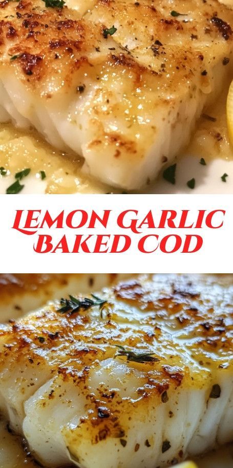 Baked Cod with Lemon and Garlic - A delicious and healthy meal made with fresh cod marinated in a citrusy and garlicky mixture. Perfect for a quick and flavorful dinner option! Fish Recipes Cod Baked, Quick Fish Dinner Ideas, White Cod Recipes, Garlic Butter Cod Baked Fish, How To Marinate Cod Fish, Healthy Cod Dinner Recipes, Steamed Cod Recipes, Cod With Pasta Recipes, Baked Cod From Frozen