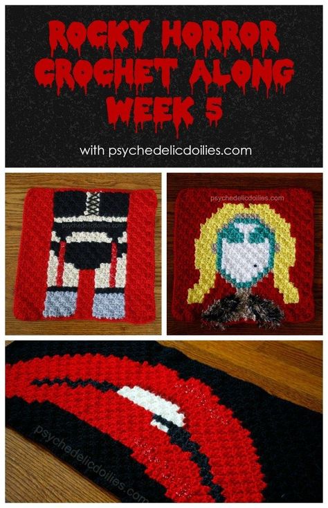 Rocky Horror crochet along week 5 update - janet, floor show costume, and lips! Rocky Horror Crochet, Horror Crochet Pattern, Horror Crochet, Crochet Halloween Patterns Free, C2c Crochet Pattern Free, Winter Crochet, C2c Crochet, Rocky Horror, Fun Crochet Projects