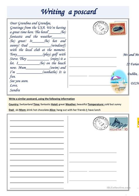 Writing a postcard - English ESL Worksheets for distance learning and physical classrooms Esl Writing Activities, English Writing Practice, Writing Corner, Writing Posters, Reading Comprehension Lessons, English Teaching, Travel Postcard, English Language Teaching, Creative Writing Prompts