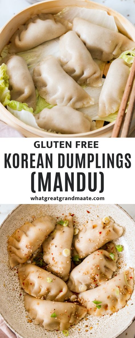 Make juicy Korean dumplings, or mandu, by scratch packed with meat and vegetables. This homemade mandu can be made gluten free with delicious and sturdy gluten free dumplings wrappers. So yummy served with addicting dipping sauce! Gluten Free Dairy Free Dumplings, Gluten Free Potsticker Dough, Vegan Mandu, Gluten Free Korean Recipes, Gluten Free Dumplings Recipe, Korean Dumplings Recipe, Paleo Dumplings, Gf Dumplings, Gluten Free Korean Food