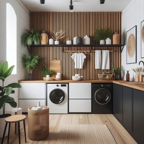 Japandi Laundry Room Ideas: Elegant, Functional Spaces - Mojo Boutique Japandi Laundry Room, Japanese Laundry Room, Japandi Laundry, Dining Japandi, Japandi Moodboard, Table Japandi, Vertical Shelves, Japandi Style Kitchen, Kitchen Under Stairs