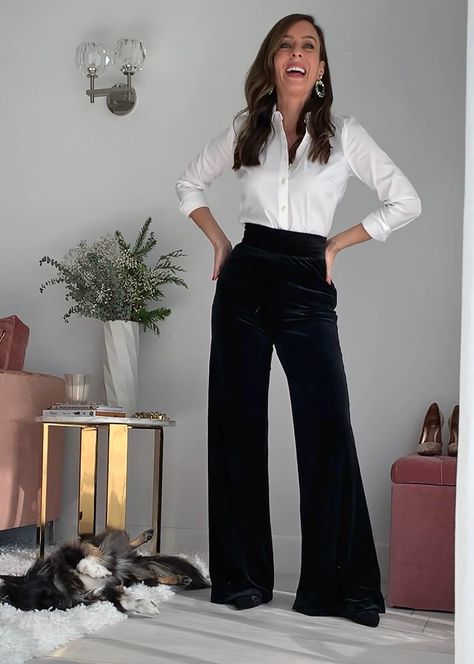 Velvet Pants - 6 Ways To Wear Velvet Pants For The Holidays| Sydne Style Velvet Pants Work Outfit, How To Style Velvet Flare Pants, How To Style Wide Leg Velvet Pants, Blue Velour Pants Outfit, Black Velvet Outfits For Women, Wide Leg Velour Pants Outfit, Green Velvet Pants Outfits Winter, Blue Velvet Pants Outfit Winter, Velvet Trousers Outfit Party