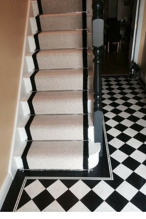 A stunning monochrome combinations of chequered floor tiles and one of our bespoke stairs runners. Supplied and installed by Ben Tasker Flooring   #stairs #hallway #monochrome Chequered Floor, Monochrome Hallway, Stairs Runners, Stairs Hallway, Kitchen Carpet Runner, Alternative Flooring, Black Interior Doors, Hallway Inspiration, Hallway Flooring