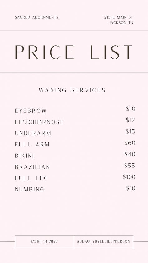 Waxing Prices List, Waxing Price List Ideas, Facials Price List, Esthetics Service List, Waxing Menu Ideas, Esthetician Price List Ideas, Wax Price List, Esthetician Pricing, Facial Service Menu Ideas