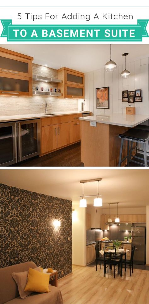 Planning to add a kitchen to your basement suite? Here are five tips that'll aid you in this task! [Basement Suite Ideas, Basement Kitchenette Ideas, Rental Design Ideas] #KitchenDesigns #Kitchenette #BasementSuites Basement Kitchennete Ideas, Studio With Kitchenette Layout, Basement Suite Ideas Small Spaces, Basement Kitchen Ideas With Island, Basement Rental Ideas, Kitchette Ideas, Kitchette Ideas Basements, Basement Kitchens One Wall, Basement Kitchenette With Fridge