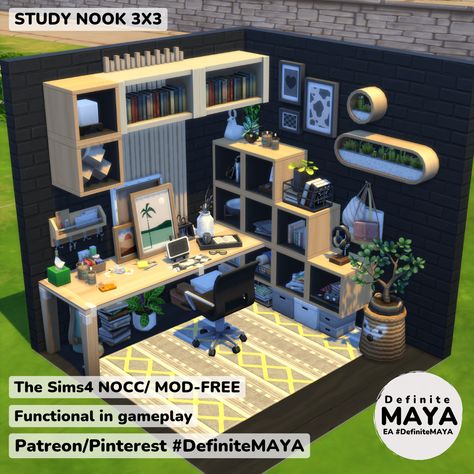 NOCC/ Mod-Free/ Functional in gameplay. ***Download from EA gallery #DefiniteMAYA *** Support me on Patreon *** Sims 4 Craft Room, Sims Interior, Sims Houses, Room Aesthetics, Sims Ideas, Sims 4 House Design, Sims Building, Casas The Sims 4, Study Nook