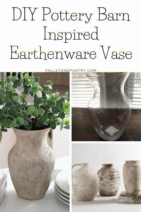 Diy Faux Pottery Vase, Age Pottery Diy, Diy Flower Jar, Concrete Vases Diy, How To Paint Vases To Look Like Pottery, Spackle Diy Vase, Making Glass Vase Look Like Pottery, Diy Textured Pot, Diy Vase Upcycle