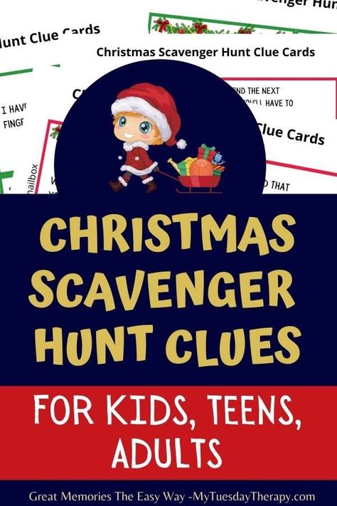 Christmas scavenger hunt clues for finding gifts! Easy and difficult clues for kids, tweens, teens, even adults. Christmas game printable. Christmas Present Hunt, Christmas Scavenger Hunt Ideas, Christmas Scavenger Hunt Clues, Teen Scavenger Hunt, Book Scavenger Hunt, Scavenger Hunt Riddles, Christmas Riddles, Scavenger Hunt Ideas, Best Christmas Books