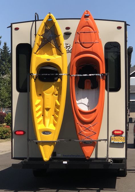 Awesome kayak rack made by my Dad & hubby!! Love it! Jeep Kayak Rack, Camper Kayak Rack, Rv Kayak Carrier Diy, Rv Kayak Rack, Camper Equipment, Truck Bed Kayak Rack Diy, Kayak Rack For Truck, Truck Bed Organization, Kayak Fishing Diy