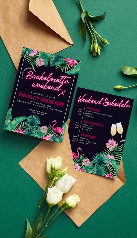 Neon Bachelorette, Tropical Neon, Hens Party Themes, Party Itinerary, Restaurant Advertising, Sneaker Ball, Hens Party Invitations, Bachelorette Invitation, Havana Nights