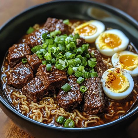 🍜 Dive into the rich flavors of Beef Pares Ramen Bowl! A fusion of Filipino and Japanese cuisine! 🍜 #BeefPares #RamenLovers Beef Pares Ramen Bowl Ingredients: Beef brisket (1 lb, cubed) Soy sauce (1/4 cup) Sugar (2 tbsp) Star anise (2) Beef broth (4 cups) Ramen noodles (4 packs) Boiled eggs (4, halved) Green onions (for garnish) Instructions: Simmer beef, soy sauce, sugar, star anise, and beef broth until tender. Cook ramen noodles according to package instructions. Assemble bowls with no... Ramen With Beef, Ramen Beef, Vegan Drinks Healthy, Beef Pares, Ramen Noodles Recipe, Easy Protein Meals, Bowl Ingredients, Beef Ramen, Ramen Noodle Bowl