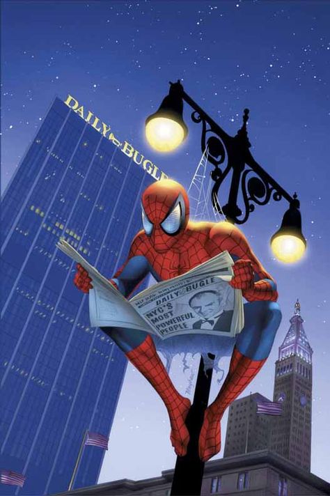 Not sure why the like, swirlys by his butt, but I would hang from a lamp post and read the Daily Bugle if I were Spiderman too lol. Mike Mayhew, All Spiderman, Univers Marvel, Spectacular Spider Man, Bd Comics, Spiderman Comic, Marvel Comics Art, Comic Collection, American Comics