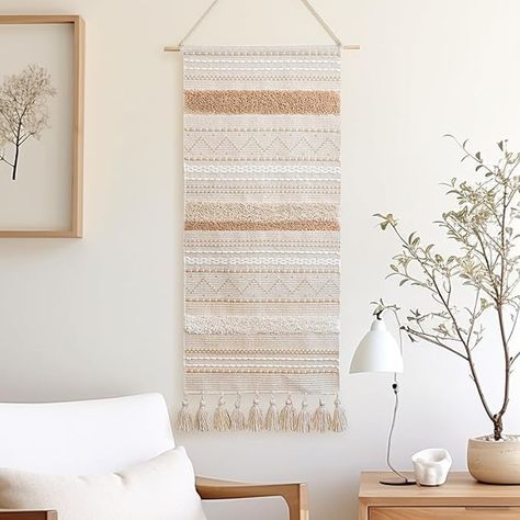 Amazon.com: BlissBlush Long Vertical Wall Hanging Tapestry Woven Boho Farmhouse Decor Cream Beige Tassel Handmade Wall Art Decoration for Bedroom Living Room Dorm Nursery Apartment, 16x39 INCH : Home & Kitchen Beige Tapestry, Boho Wall Decor Ideas, Nursery Apartment, Staircase Wall Decor, Airbnb Ideas, Boho Farmhouse Decor, Decoration For Bedroom, Earthy Palette, Boho Interior Design