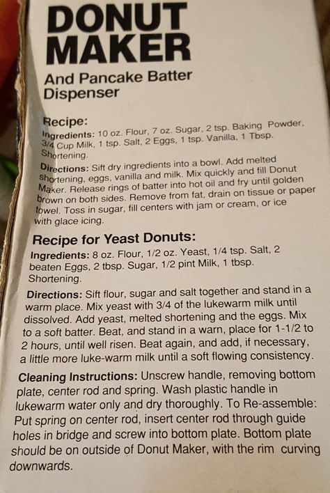 Donut Recipes from a Donut Maker box ... Cake Donuts Yeast Donuts Donut Batter Dispenser Recipe, Donut Batter Recipe, Donut Maker Recipes, Batter Dispenser, Donut Batter, Doughnut Recipe Easy, Pancake Batter Dispenser, Doughnuts Recipe, Yeast Donuts