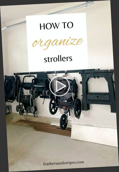 ✓✓*** Looking for an easy kit to hang strollers on your garage or shed wall Check our garage stroller organization rack setup. diy garage organizat. Stroller Organization, Diy Garage Work Bench, Diy Garage Bar, Diy Garage Storage Cabinets, Diy Garage Organization, Garage Storage Inspiration, Storage Shed Organization, Garage Diy, Garage Organization Diy