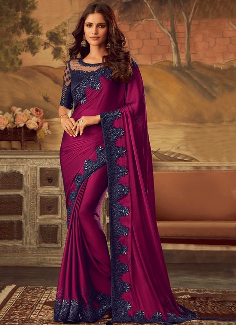 Saree Trends Party Wear, Latest Saree Trends Party Wear, Burgundy Saree, Wine Saree, Latest Saree Trends, Indian Silk Sarees, Afghan Clothes, Silk Saree Blouse Designs, Neck Deep