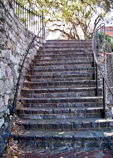 Original Cobblestone stairs near River Street, in Savannah, GA. My Oh My...How Many Times Did I Walk Those? Savannah River Street, Stair Art, Historic Savannah, Stone Stairs, Tybee Island, Picture Story, Inventors, Savannah Georgia, Savannah Ga