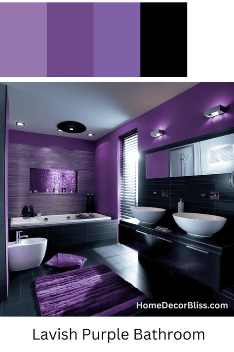 Vibrant Purple Bathroom: Dual Vessel Sinks and Built-In Bathtub Bathroom With Purple Accents, Purple Bathroom Walls, Contemporary Bathroom Inspiration, Purple Bathroom, Contemporary Color Schemes, Built In Bathtub, Purple Stuff, Purple Bathrooms, Minimalist Layout