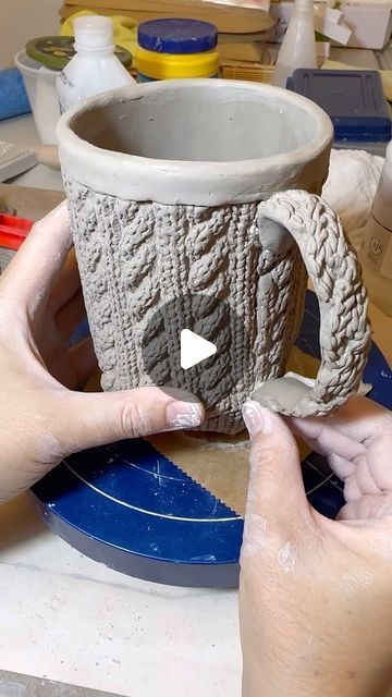 Pottery by Irene - i23n3. on Instagram: "Build a sweater mug with me! 🥰  The actual building of this mug took much much longer, but just wanted to show some highlights here.  Hand building pottery is no joke! ⏰  It takes a lot of time, but the details you can achieve through the process is so rewarding.   🕰️ There’s only so much time in a day and sometimes it comes down to choosing between working in clay or posting on social media.  For me, clay wins. 🫶🏽 . . . . . #ceramicmug #potterymug #sweatermug #sweaterart #handbuiltpottery #handbuiltmug #slabbuiltpottery #slabbuiltmug #handmadewithlove #handmadegifts #stonewareceramics #stonewareclay #stonewaremug #lagunaclay #coffeemugsofinstagram #mugsofinstagram #ceramicprocess #processvideo #ceramiclicious" Diy Pottery Mug Ideas, Hand Building Ceramics Ideas, Hand Built Mug, Hand Building Pottery Ideas, Hand Building Pottery, Laguna Clay, Posting On Social Media, Pottery Projects, Hand Building