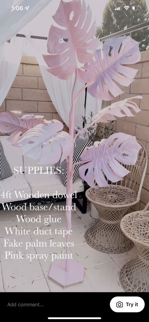 Dried Palm Leaves Backdrop, Pink Palm Tree Decor, Diy Pink Palm Tree, Spray Painted Palm Leaves, Barbie Palm Tree, Palm Springs Birthday Theme, Palm Royale Party Decor, Diy Palm Tree Decorations, Boutique Backdrop Ideas