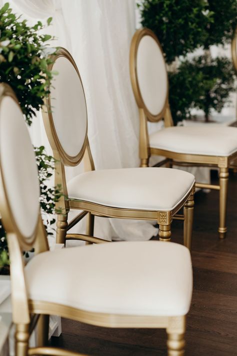 Timeless Elegant White and Gold Dining Chairs Elegant Wedding Chairs, White And Gold Chairs Wedding, Gold Wedding Chairs Ceremony, Gold Chivari Chair Wedding, Gold Wedding Chairs, Gold Chivari Chair, White And Gold Decor, Feasting Table, Gold Dining Chairs