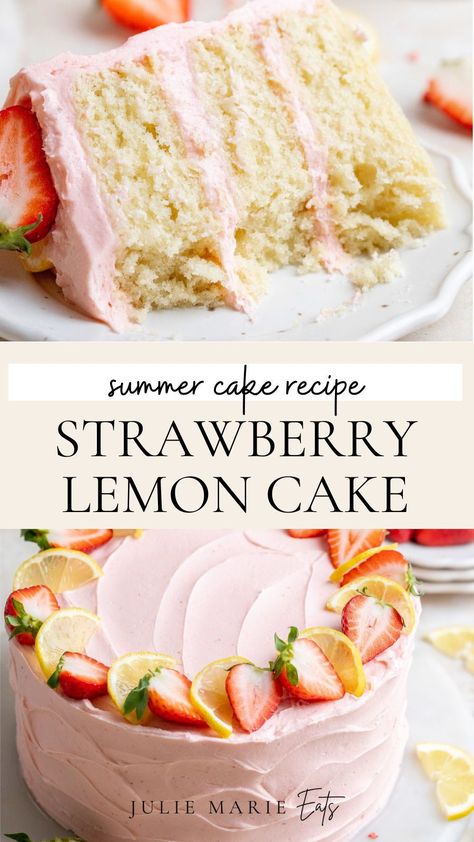 When it comes to finding a delicious dessert idea for Mothers Day, this fresh fruit layer cake with strawberry buttercream and moist lemon cake is a great option. Follow for more homemade cake recipes and baking ideas. Strawberry Cake With Lemon Curd, Yummy Cake Recipe, Classic Cake Flavors, Simple Delicious Cake Recipes, Lemon And Berry Cake, Pink Layered Cake, Cakes To Bake At Home, Good Cake Recipes Homemade, Strawberry Orange Cake