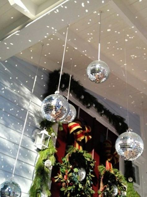 Christmas porch decor disco ball Victorian Front Porch, Holiday House Tours, Fir Trees, Christmas Porch Decor, Front Porch Decorating, Front Porch Christmas Decor, Disco Balls, Christmas Porch, Christmas Door Decorations