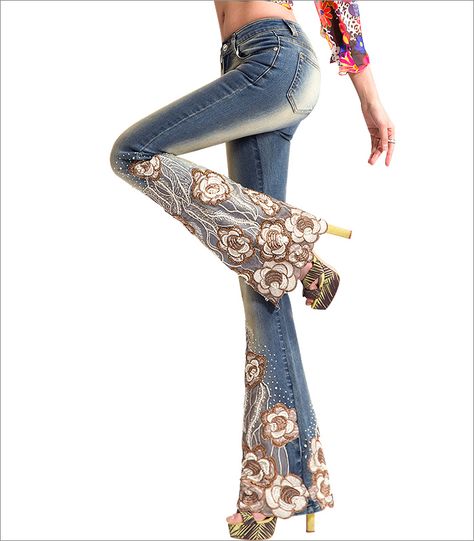 Long Denim Pants, Lace Jeans, Embroidered Pants, Lace Pants, Diy Fashion Clothing, Mode Boho, Jeans Wide, Embellished Jeans, Denim And Lace