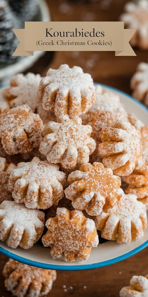 Kourabiedes are the ultimate holiday indulgence! These rich, buttery Greek cookies are packed with almonds and dusted with powdered sugar, making them perfect for Christmas celebrations. Almond Powder Cookies, Croatian Cookies Christmas, Greek Cookie Recipes, Greek Christmas Desserts, Finikia Cookies, Greek Sweets Desserts, Greek Christmas Dinner, Festive Christmas Desserts, Greek Desserts Easy