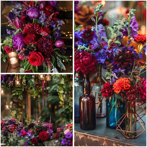 Purple and Red Wedding Theme Ideas & Color Schemes Jewel Tone Outdoor Wedding, Purple And Red Wedding Theme Decor, Wedding Theme Ideas Color Schemes, Wedding Theme Ideas Color, Purple And Red Wedding Theme, Dark Purple Wedding Theme, Purple And Red Wedding, Jewel Tone Wedding Decor, Jewel Tone Wedding Theme