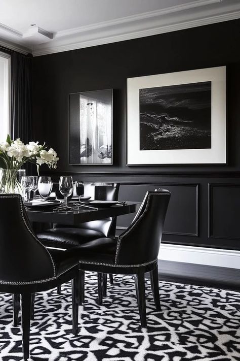 "Transform your dining space with the elegance of a Bold Monochrome Dining Room! ⚫⚪ Ideal for those who love a modern, chic aesthetic. 🌿✨ #BlackAndWhiteDecor #DiningRoomInspo #ModernLiving" Cracked Pepper Paint, Modern Chic Aesthetic, Pepper Paint, Monochrome Dining Room, White Dinning Room, Paint Dining Room, Dining Room Interiors, Chic Aesthetic, Cracked Pepper