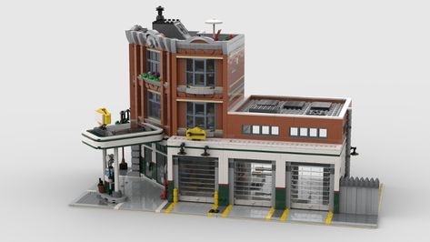 Lego Modular Buildings Ideas, Lego Parking Garage, Lego Garage Ideas, Lego Garage, Lego Crafts, Lego City Train, Lego Fire, Lego Ww2, Lego Machines