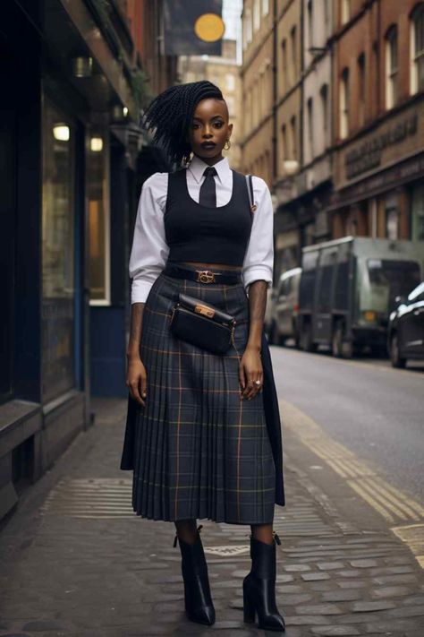 58 Outfits that Deconstruct Classic Tailoring with a Street Savvy Aesthetic (Concept Fashion) - Whatchawearing Academic Look Outfit, Midi Skirt Outfits Aesthetic, Plaid Midi Skirt Outfit, Plaid Outfits For Women, Office Chic Outfit, Preppy Street Style, Closet Inventory, Deconstruction Fashion, Concept Fashion