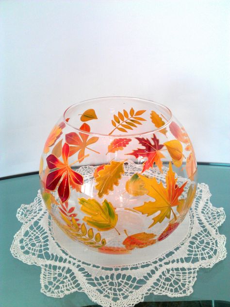 Fall Glass vase Hand painted Round vase Autumn leaves decor Home decor Kitchen vase Hostess gift Idea gift Centerpiece Gift for teacher by PaintedglassbySveti on Etsy (null) Glass Vase Arrangements, Vase Painting Ideas, Fall Candle Holders, Fall Leaf Decor, Painting Rainbow, Leaves Decor, Ganesh Art Paintings, Vase Painting, Hand Painted Vase