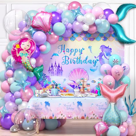 PRICES MAY VARY. Little Mermaid Birthday Decorations: We have carefully prepared a mermaid birthday party decoration set. You can get 1 large size mermaid backdrop, 1 tablecloth, 2 mermaid tail balloon (18"), 8 bobo balloon (8"+18"), 4 mermaid theme foil balloon, 6 printed balloon, 5 star balloon; 103 latex balloon (5"+10"+12"), 100 glue points, ribbon (10m), balloon chain (5m). This is a complete and rich mermaid-themed decoration set, which will help your little princess have an unforgettable Ariel Princess Birthday Party, Mermaid 3rd Birthday Party Decorations, Unicorn And Mermaid Birthday Party, Ariel The Little Mermaid Birthday Party, Mermaid 6th Birthday Party, Ariel Party Ideas, Ariel Birthday Party Decorations, Mermaid 2nd Birthday Party, Mermaid Theme Decoration