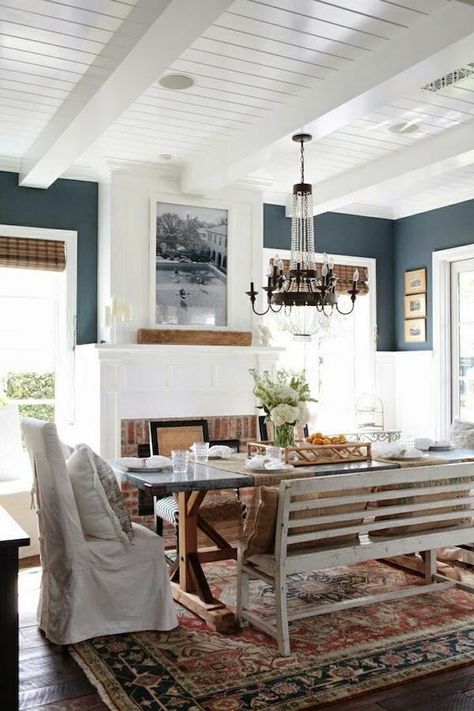 Love tongue and grove ceiling Blue And White Dining Room, Color Palette For Home, Dining Room Updates, Dining Room Cozy, White Dining Room, Rustic Dining Room, Dining Room Inspiration, Farmhouse Dining Room, Decoration Inspiration